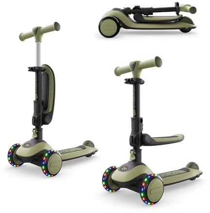 Kinderkraft Halley 2 Trottinette 2 en 1, Siège Réglable, Roues LED, Vert
