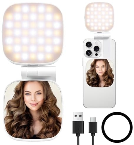 Fizzyo Magnetische Selfie-Licht, 3-in-1 LED Handy Licht Kompatibel mit iPhone MagSafe, CRI95+ 360° Falten Füllring Beleuchtung mit Ständer/Spiegel, für iPhone/Android, für Selfies, Videokonferenzen