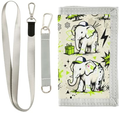 miaozhen Doodle White Elephant Green and Black Christmas Trifold Wallet for Travel Minimalist Lightweight Wallet with Lanyard Carteras para hombres