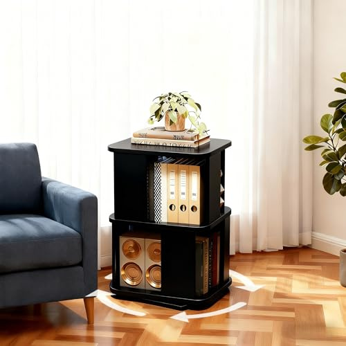 Esspoxi Rotierendes Echtholz-Regal (Kautschukholz), Vertikaler 360° Bücherturm & Display-Schrank, Abgerundetes Eckregal Für Kinder & Home-Office, Ordnungssystem Für Kleine Räume(Schwarz,2-Tier)