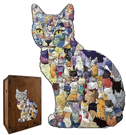 Cat Puzzles - 183 Pieces Animal Shaped | Wooden Cat Shaped Jigsaw Puzzle with Fun Design, Family Entertainment with Challenging Assembly, Educational Game for Kids Party Home Office School