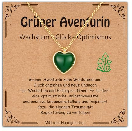 Halora Glücksbringer Anti Stress Halskette Damen, Kristall Heilsteine Kette Herz Glückssteine Edelstein Charms Grüner Aventurin Naturstein Schmuck Geburtstags Geschenke für Frauen Mama Gold