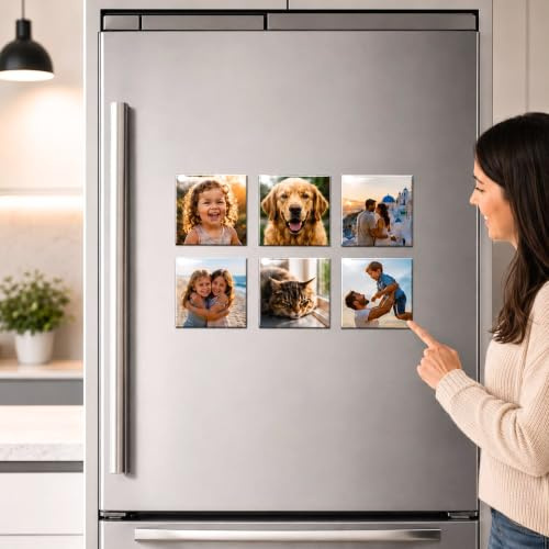 Personalised Photo Fridge Magnets, Set of 6, 5 x 5cm, Handcrafted in London | Custom square aluminium photo fridge magnets from your photos, with premium print, glossy finish and strong magnetic backing