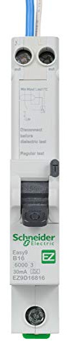 Schneider Electric Easy9 - RCBO Residual Circuit Breaker with Overcurrent Protection, 1 Pole, 16A, 30mA, Type A, B Curve, EZ9D16816