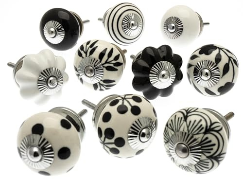 Mango Tree Cupboard Knobs - Decorative Black and White Ceramic Door and Drawer Handles – Vintage Home Décor Set of 10