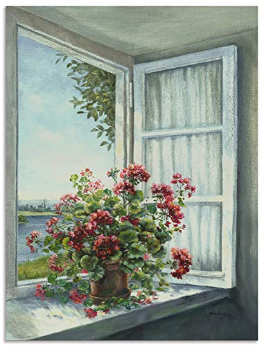 ARTland Wanddeko Wandbild Alu Verbundplatte für Innen & Outdoor Bild 45x60 cm Fensterblick Fenster Blumen Botanik Geranie Malerei Landhaus Kunst T4DR