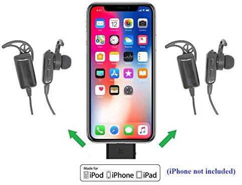 KOKKIA i10L_plus_2i10sTwin: DIGITAL i10L Bluetooth Splitter Transmitter for iPhone, iPad, iPod Touch with Lightning Connector PLUS 2 Tiny i10sTwin Bluetooth Stereo Headsets.