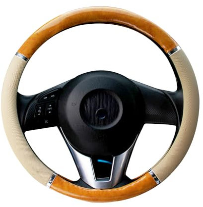EING Lenkradbezug aus Karbonholz, Mahagoni-Holz, Retro-Leder, universell und passend für vier Jahreszeiten, Mahagoni-Beige