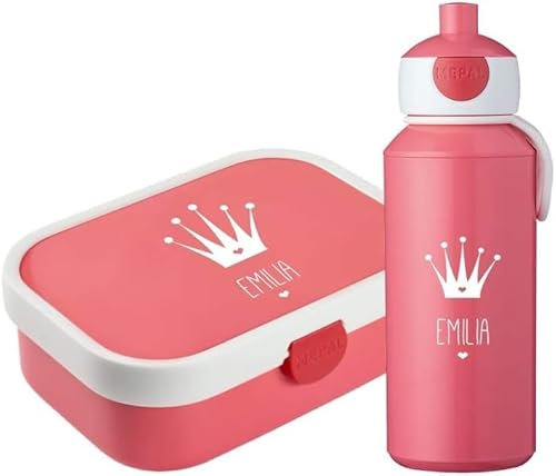 4ou Design Mepal Set Brotdose und Trinkflasche personalisiert mit Namen – Silhouette Krone pink – Auslaufsicher, Bento Einsatz rausnehmbar, inkl. Snackgabel – BPA frei – Geschenk für Kinder