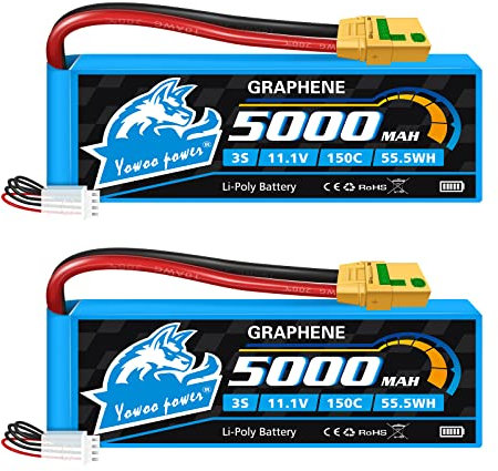 Yowoo Lipo Akku 3S 5000mAh 150C 11.1V Graphen Batterie mit XT90S Stecker für Fahrzeuge im Maßstab 1/8 Arrma Slash VXL Slash 4x4 VXL E-maxx Brushless Axial E-Revo Brushless und Spartan Modelle (2 Pack)