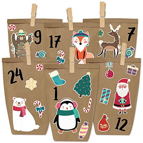 Papierdrachen Adventskalender zum Befüllen - Weihnachtstiere zum Aufkleben - mit 24 braunen Papiertüten und tollen Stickern für Kinder - Weihnachten