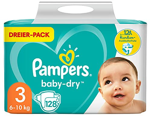 Pampers Baby-Dry Größe 3, 128 Windeln, bis zu 12 Stunden Rundumschutz, 6-10kg