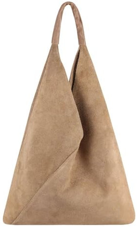 OBC Made in Italy Damen XXL Leder Tasche Handtasche Wildleder Shopper Schultertasche Taupe