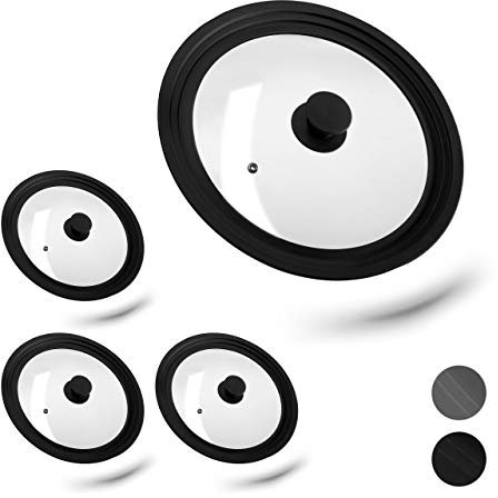 Relaxdays Lot de 4 couvercles casseroles L, en Verre Rebord dégradé en Silicone, casseroles et poêles 26-30 cm, HxD5x31,5cm,Noir