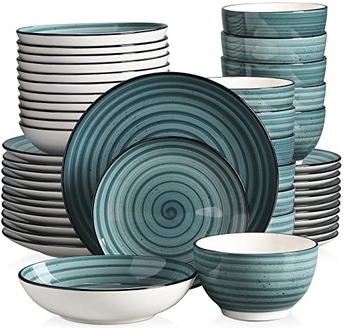 vancasso serie Bonbon Vajilla de Gres de 48 piezas, Juego de Vajilla para 12 Personas con Cuencos de Cereales, Platos Hondos, Platos de Postre y Platos Cena, Verde, Vintage