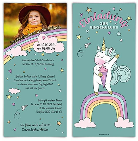 10 x Schuleinführung Einschulung Einladungskarten Text und Foto einfach individuell selbst gestalten DIN Lang für Mädchen - erste Klasse Einhorn