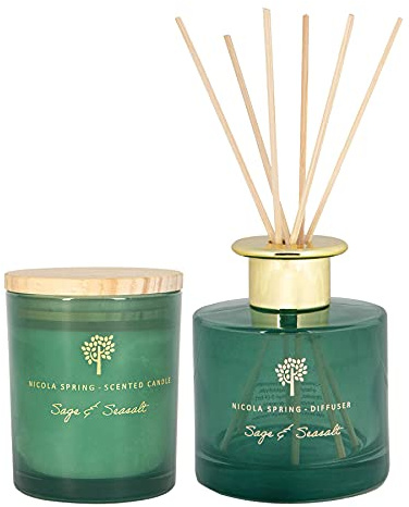 Nicola Spring Sage & Seasalt Scented Candle & Reed Diffuser Set - 130g Soy Wax Candle 21 Hour Burning Time Small Relaxing Fragrance Gift Set Aromatherapy 200ml Fragrant Diffuser