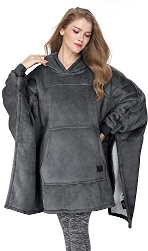 Catalonia Classy Übergroße Sherpa Hoodie Poncho Decke, Flauschige Warme Oversized Kuscheldecke mit Ärmeln und Kapuze, Tragbare Decke zum Anziehen als Geschenkidee für Damen Herren