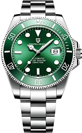 Pagani Montre automatique pour homme NH35 en acier inoxydable étanche 42 mm, Argenté/vert, loisirs sport mode affaires