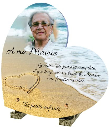 Plaque Funéraire Personnalisable Coeur Océan Plage - Plaque Funéraire Personnalisée Coeur avec Photo et Texte sans Inter funéraire - Résistance Intempéries - Traitée Anti UV (Plage Coeur, 21x21 cm)