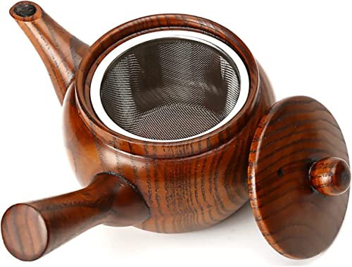 Classica teiera in legno con tazze da tè in legno, teiera con filtro infusore rimovibile in acciaio inox, bollitore per tè, caffè (solo teiera)