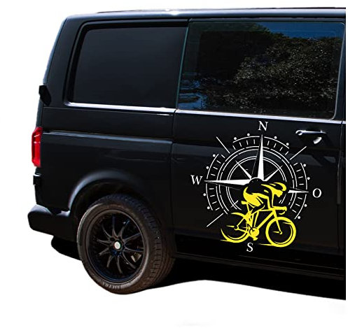 Autoaufkleber Kompass Sport Rennrad 60x60cm Windrose Sticker Folie für Auto Wohnwagen Anhänger Aufkleber Selbstklebend Kfz Zubehör KX072 KX073 (Kompass weiß, Rennrad Gelb)