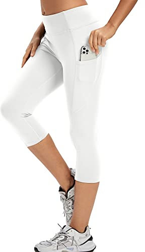 Adorence 3/4 Leggins Sportivi Donna Vita Alta, Controllo Tommy, Opaco - Estivi, Corti - Bianco, S