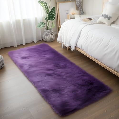 Goolela Flauschige Rechteckige Waschbar Faux Lammfell Schaffell Teppich für Wohnzimmer Schlafzimmer Stuhl Sofa Überzug Sofa Abdeckung Langflor Teppiche,61 * 152 cm (Lila)