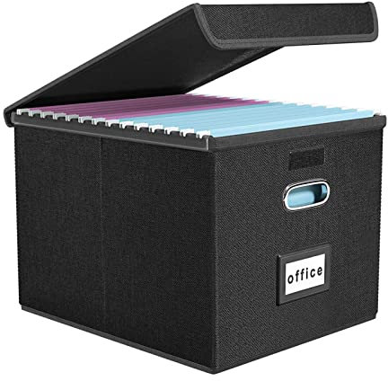 Finew Upgraded Portable File Organiser Box with Lid, Foldable Linen Hanging Filing Storage Boxes with Plastic Slide, Decorative Home/Office Filing System for File and Folders Storage (Black)
