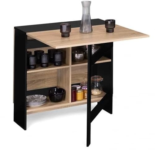 IDMarket – Mesa consola plegable EDI 2-6 personas con almacenamiento madera negra Bandeja forma haya 150 x 80 cm