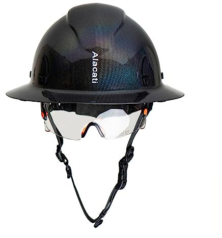 Alacati, Schutzhelm aus Karbonfaser, Vollkrempe mit Brille, Sicherheitshelm mit 6-Punkt-verstellbarer Ratschenfederung, ANSI Z89.1-konform (glänzendes Carbon)