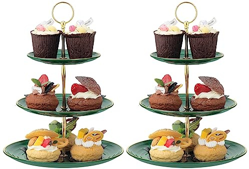 HonGien 2 Stück 3-Stöckiger Cupcake Ständer Kuchenständer Etagere Rund Obst Dessert servieren Tablett Steht für Geburtstag, Party, Hochzeit Dunkelgrün mit Goldverzierung