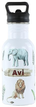 cribstar Botella de agua personalizada para niños, acero inoxidable, sin BPA, a prueba de fugas, perfecta para la escuela, deportes, vacaciones, viajes o cualquier lugar (Safari 2)