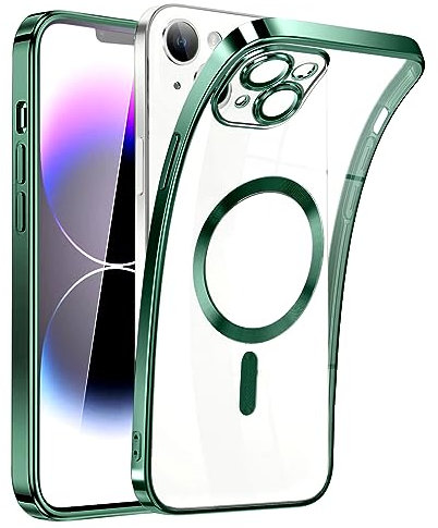 SEOUGEE Magnetic Clear for iPhone 14 Plus Case with MagSafe [Non-Yellowing] [Integrated Camera Cover] Shockproof Silicone Cover [Anti-Fingerprint Scratch] Wireless Charging (Alpine Green)