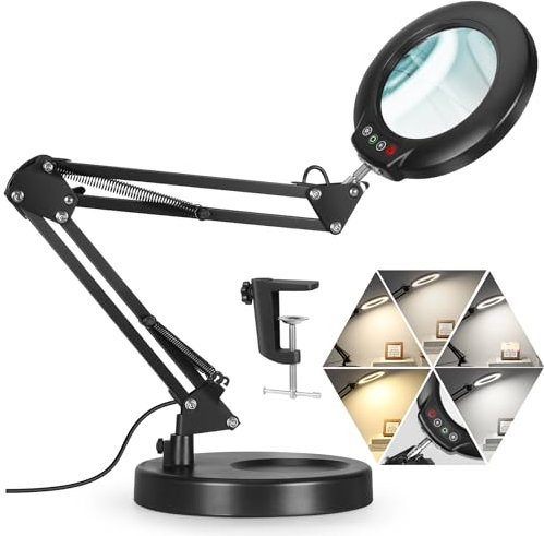 Veemagni 10X Magnifying Glass with Light, 5 Color Modes Stepless Dimmable 2-in-1 Desk Lamp and Clamp, LED Lighted Magnifier with Stand, Hands Free for Craft Repair Hobby Painting Close Work