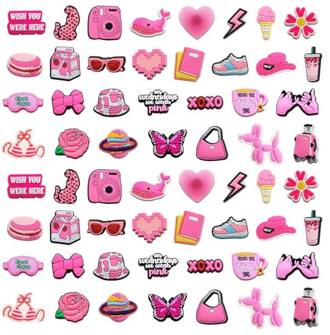 SKHAOVS 74pcs Selected Different Shape Shoe Charms, Pink, Cute Shoes Accessories for Girls Women, Party Gift