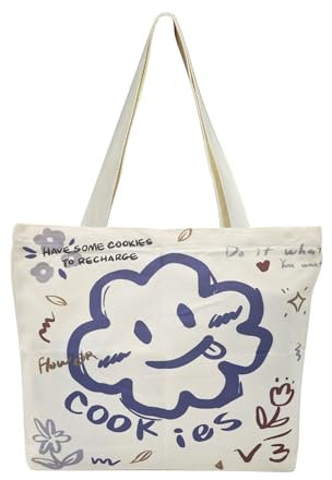 FuninCrea Sac Toile Sac Fourre-tout, 15.5 x 12 Inches Oversé Sac Tissu Tote Bag avec Fermeture Éclair, Grand Sacs de Courses et Cabas Sac Cabas Tissu Femme avec Poche Intérieure