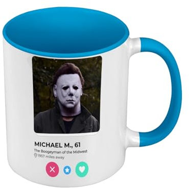 Tasse Farbe Premium Qualität Blau – Michael Myers Social Network Dating Love – Tasse mit Henkel und farbigem Innenfutter