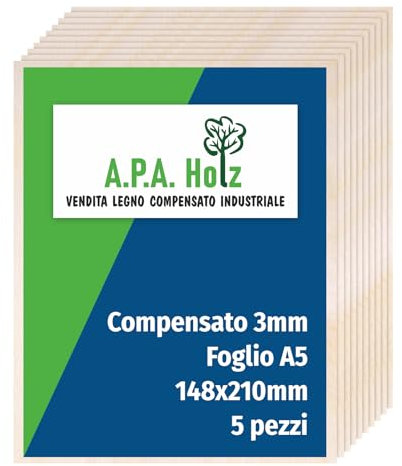 APA Holz Compensato di Betulla 3 mm, Foglio A5, Pannelli Multistrati di Betulla, Compensato Legno Qualità Professionale B/BB, Bricolage, Pirografia, Traforo, Legno da Decorare|148x210 mm Pezzi 5