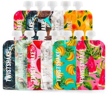 Twistshake Wiederverwendbarer 12er Pack Baby Lebensmittel Quetschbeutel, Nachfüllbar Doppelter Reißverschluss Fruchtquetsche für Babynahrung, Auslaufsicher, BPA Frei, 100ml