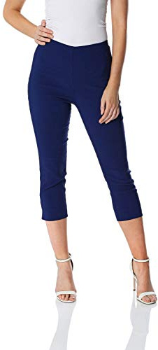 Roman Cropped Trousers for Women UK Ladies Capri Leggings Summer Pants Short Crop Stretch 3/4 Length Three Quarter Pedal Pusher Clothes Elasticated Bengaline Cut Off - Midnight - Size 8