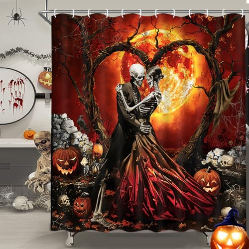 Likiyol Tenda da doccia per Halloween, horror, scheletro, danza, con 12 ganci, spaventosa tenda da doccia con teschio e zucca, decorazione per il bagno