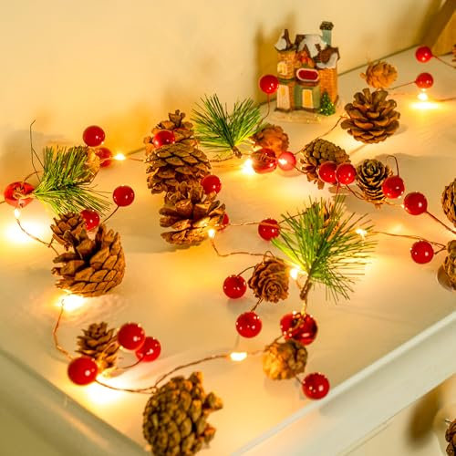 ZeMu Christmas Garland with Lights, 2m 20 LED Pine Cone Fairy Lights, Battery Operated Wreath Light Up Christmas Decorations for Indoor/Outdoor Trees