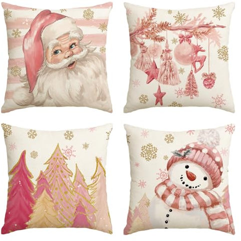 Artoid Mode Pink Santa Claus Trees Snowman Christmas Cushion Covers Set of 4, 40x40 cm Stars Xmas Decorative Pillow Case Cover Sofa Living Room Decor