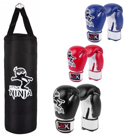 LNX Boxsack Set Jugend Little Ninja - GEFÜLLT inkl. Boxhandschuhe (schwarz, Jugend / 75cm)