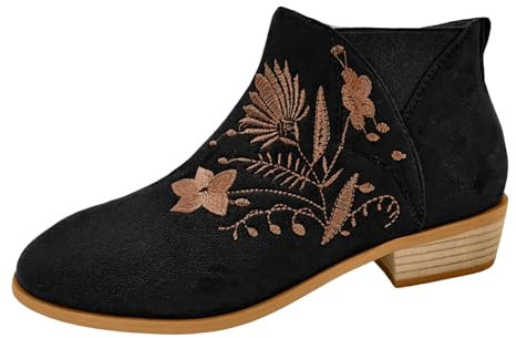 Fashion Scarpe da Donna Stivali Biker Motociclista Traforati Primaverili Moda Donna affolla Autunno Tacco Quadrato Cerniera Fiore Ricamo Stivaletti Corti Scarpe a Punta Rotonda Black, 37
