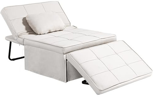 HOMCOM Chauffeuse 1 Place Fauteuil lit Convertible Dossier inclinable 5 Niveaux Repose-Pied Rabattable, Charge 200 Kg, châssis métal et Tissu Lin crème