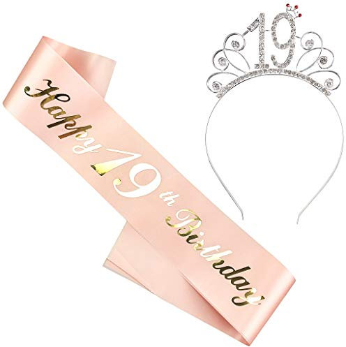 Ouceanwin Geburtstagskrone Schärpe Frau Deko Set, Kristall Tiara Krone 19. Geburtstag Frauen Deko Strass Haarreif Stirnband Geburtstag Geschenk für 19 Jahre Frau Geburtstag Party Deko