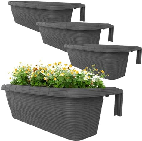 GarPet 4er Set Blumenkasten Balkongeländer Balkon Blumenkasten Balkonkasten mit Halterung Geländerkasten mit Wasserspeicher Rattan Optik Anthrazit 60 cm