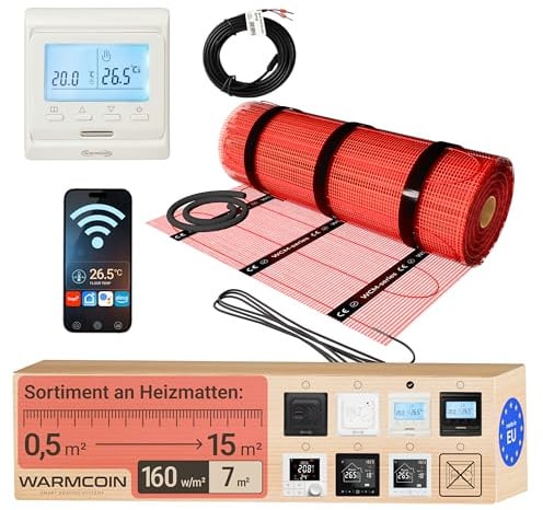 Elektrische Fußbodenheizung Heizmatten-Set mit WLAN-Thermostat 7 m² | Digitales Raumthermostat per App, LCD; Elektro-Flächenheizung 160 W/m², selbstklebend, Bodenfühler; für Fliesen